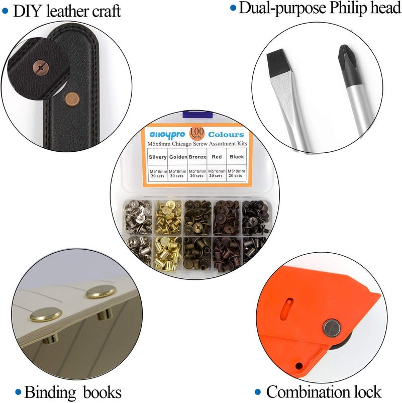 ALLOYPRO 100 Sets Chicago Screws Assorted Kit 5 Color Leather Rivets 5/16”(5x8mm) Screw Rivets Flat Fillister Book Binding Posts Nail Rivet Chicago Bolts for DIY Leather Craft Black Silver Golden Bronze - Image 5